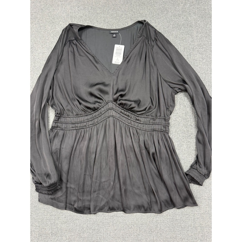 Torrid Black Peplum Satin Smocked Waist Top V-Neck Long Sleeve Blouse 1X 14-16